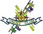 "A vibrant embroidered patch featuring a yacht club design. The patch includes a central compass rose in green, yellow, and brown, surrounded by crossed yellow oars and colorful flags in blue, green, and brown. A blue ribbon with 'YACHT CLUB' written in yellow arches across the center, set against a black background."