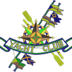 "A vibrant embroidered patch featuring a yacht club design. The patch includes a central compass rose in green, yellow, and brown, surrounded by crossed yellow oars and colorful flags in blue, green, and brown. A blue ribbon with 'YACHT CLUB' written in yellow arches across the center, set against a black background."