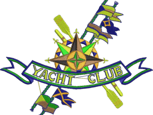 "A vibrant embroidered patch featuring a yacht club design. The patch includes a central compass rose in green, yellow, and brown, surrounded by crossed yellow oars and colorful flags in blue, green, and brown. A blue ribbon with 'YACHT CLUB' written in yellow arches across the center, set against a black background."