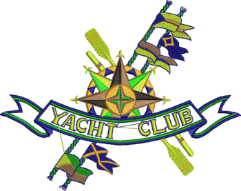 "A vibrant embroidered patch featuring a yacht club design. The patch includes a central compass rose in green, yellow, and brown, surrounded by crossed yellow oars and colorful flags in blue, green, and brown. A blue ribbon with 'YACHT CLUB' written in yellow arches across the center, set against a black background."