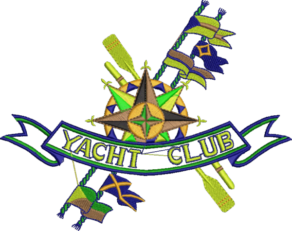 "A vibrant embroidered patch featuring a yacht club design. The patch includes a central compass rose in green, yellow, and brown, surrounded by crossed yellow oars and colorful flags in blue, green, and brown. A blue ribbon with 'YACHT CLUB' written in yellow arches across the center, set against a black background."