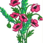 Vibrant machine embroidery design of a bouquet featuring bright red poppy flowers with black centers, mixed with green wheat stalks and leaves, tied together at the base. Caption: