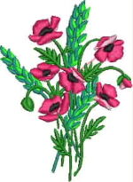 Vibrant machine embroidery design of a bouquet featuring bright red poppy flowers with black centers, mixed with green wheat stalks and leaves, tied together at the base. Caption: