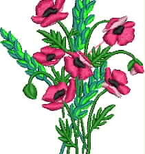 Vibrant machine embroidery design of a bouquet featuring bright red poppy flowers with black centers, mixed with green wheat stalks and leaves, tied together at the base. Caption: