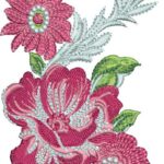 Elegant machine embroidery design featuring a vertical floral arrangement of layered pink and magenta roses, daisies, a rosebud, and green leaves, accented with delicate white/silver swirling filigree scrolls.