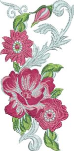 Elegant machine embroidery design featuring a vertical floral arrangement of layered pink and magenta roses, daisies, a rosebud, and green leaves, accented with delicate white/silver swirling filigree scrolls.