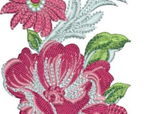 Elegant machine embroidery design featuring a vertical floral arrangement of layered pink and magenta roses, daisies, a rosebud, and green leaves, accented with delicate white/silver swirling filigree scrolls.