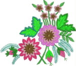 Colorful machine embroidery design of a vibrant floral bouquet featuring large pink and purple dahlia-like flowers with brown centers, smaller pink blossoms, rosebuds, teal and green leaves, and fern-like accents.