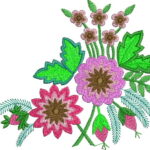Colorful machine embroidery design of a vibrant floral bouquet featuring large pink and purple dahlia-like flowers with brown centers, smaller pink blossoms, rosebuds, teal and green leaves, and fern-like accents.