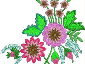 Colorful machine embroidery design of a vibrant floral bouquet featuring large pink and purple dahlia-like flowers with brown centers, smaller pink blossoms, rosebuds, teal and green leaves, and fern-like accents.