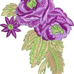 Luxurious machine embroidery design of two large layered purple roses with lime green centers, accompanied by a smaller purple daisy-like flower and intricately detailed variegated green and pink leaves.