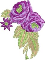 Luxurious machine embroidery design of two large layered purple roses with lime green centers, accompanied by a smaller purple daisy-like flower and intricately detailed variegated green and pink leaves.