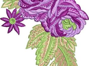 Luxurious machine embroidery design of two large layered purple roses with lime green centers, accompanied by a smaller purple daisy-like flower and intricately detailed variegated green and pink leaves.