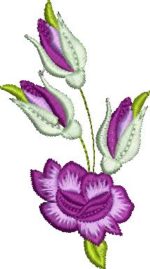 Delicate machine embroidery design featuring a single full-bloom purple rose at the base with three elegant rosebuds in soft purple and pale green calyxes rising above on slender stems.