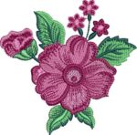 Vibrant machine embroidery design of a large pink wild rose-style flower with layered petals and a textured center, accompanied by a rosebud, smaller pink blossoms, and lush green leaves.