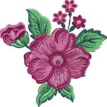 Vibrant machine embroidery design of a large pink wild rose-style flower with layered petals and a textured center, accompanied by a rosebud, smaller pink blossoms, and lush green leaves.