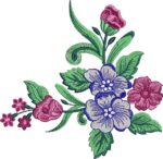 Vibrant machine embroidery design of a corner floral arrangement featuring a large blue-purple blossom with white center, pink roses, a rosebud, small pink flowers, and swirling green leaves and stems.