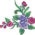 Vibrant machine embroidery design of a corner floral arrangement featuring a large blue-purple blossom with white center, pink roses, a rosebud, small pink flowers, and swirling green leaves and stems.