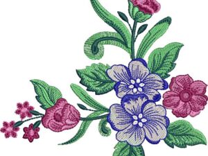 Vibrant machine embroidery design of a corner floral arrangement featuring a large blue-purple blossom with white center, pink roses, a rosebud, small pink flowers, and swirling green leaves and stems.