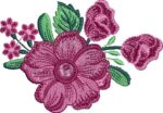 Charming machine embroidery design of a clustered pink floral arrangement featuring a large central wild rose-style bloom, two full roses, smaller pink blossoms, and textured green leaves.