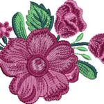 Charming machine embroidery design of a clustered pink floral arrangement featuring a large central wild rose-style bloom, two full roses, smaller pink blossoms, and textured green leaves.