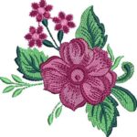 Beautiful machine embroidery design featuring a large central magenta wild rose with layered petals and textured center, surrounded by smaller pink blossoms, curling green stems, and detailed variegated green leaves.