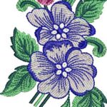 Elegant machine embroidery design featuring two overlapping light purple-blue flowers with white centers and dark blue outlines, a single pink rosebud above, swirling green stems, and detailed green leaves.