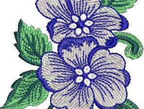 Elegant machine embroidery design featuring two overlapping light purple-blue flowers with white centers and dark blue outlines, a single pink rosebud above, swirling green stems, and detailed green leaves.