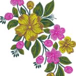 Vibrant machine embroidery design of a cascading floral arrangement featuring large and small yellow and pink blossoms, rosebuds in pink and yellow, and richly textured dark green leaves with stems.