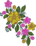 Vibrant machine embroidery design of a cascading floral arrangement featuring large and small yellow and pink blossoms, rosebuds in pink and yellow, and richly textured dark green leaves with stems.