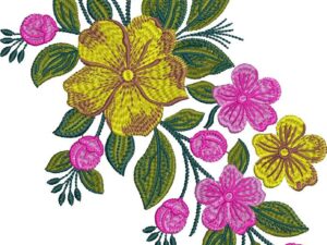Vibrant machine embroidery design of a cascading floral arrangement featuring large and small yellow and pink blossoms, rosebuds in pink and yellow, and richly textured dark green leaves with stems.