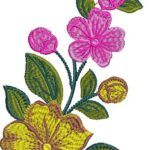 Graceful machine embroidery design of a vertical floral spray featuring a large yellow bloom at the base, vibrant pink flowers and rosebuds above, accented with dark green and olive leaves on curving stems.