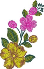 Graceful machine embroidery design of a vertical floral spray featuring a large yellow bloom at the base, vibrant pink flowers and rosebuds above, accented with dark green and olive leaves on curving stems.