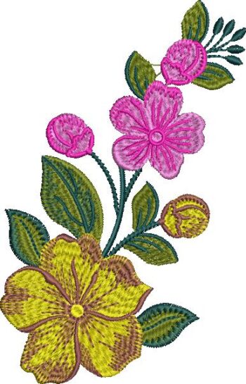 Graceful machine embroidery design of a vertical floral spray featuring a large yellow bloom at the base, vibrant pink flowers and rosebuds above, accented with dark green and olive leaves on curving stems.