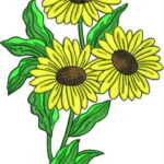 Cheerful machine embroidery design of three bright yellow daisy-like flowers with brown centers, arranged on green stems with large wavy green leaves.