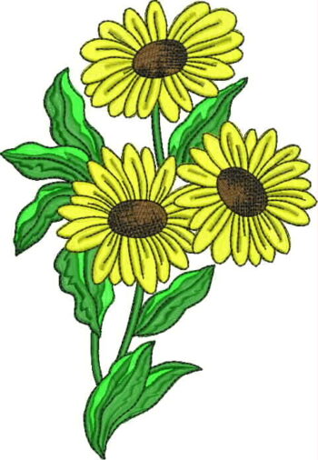Cheerful machine embroidery design of three bright yellow daisy-like flowers with brown centers, arranged on green stems with large wavy green leaves.