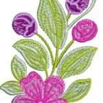 Delicate machine embroidery design of a floral spray featuring a large pink wild rose-style bloom at the base, purple and magenta rosebuds above, accented with light green and lime leaves on slender stems.