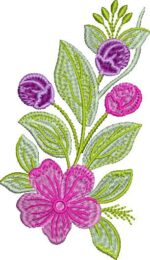 Delicate machine embroidery design of a floral spray featuring a large pink wild rose-style bloom at the base, purple and magenta rosebuds above, accented with light green and lime leaves on slender stems.