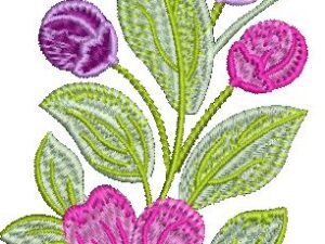 Delicate machine embroidery design of a floral spray featuring a large pink wild rose-style bloom at the base, purple and magenta rosebuds above, accented with light green and lime leaves on slender stems.