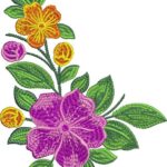 Vibrant machine embroidery design of a colorful corner floral arrangement featuring a large purple bloom at the bottom, an orange flower at the top, yellow and purple rosebuds, and lush green leaves on curving stems.
