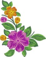 Vibrant machine embroidery design of a colorful corner floral arrangement featuring a large purple bloom at the bottom, an orange flower at the top, yellow and purple rosebuds, and lush green leaves on curving stems.