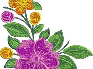 Vibrant machine embroidery design of a colorful corner floral arrangement featuring a large purple bloom at the bottom, an orange flower at the top, yellow and purple rosebuds, and lush green leaves on curving stems.