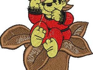 Cute machine embroidery design of a cheerful baby elf or pixie in red pajamas sitting inside a brown flower pod with large petals, wearing a matching flower hat, and surrounded by green leaves and stem.