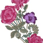 Elegant machine embroidery design of a diagonal floral bouquet featuring layered pink and magenta roses, a purple lily-like flower, swirling brown-green foliage, and textured green leaves on curving stems.