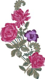 Elegant machine embroidery design of a diagonal floral bouquet featuring layered pink and magenta roses, a purple lily-like flower, swirling brown-green foliage, and textured green leaves on curving stems.