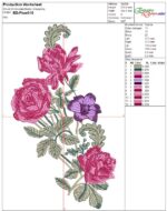 Elegant machine embroidery design of a diagonal floral bouquet featuring layered pink and magenta roses, a purple lily-like flower, swirling brown-green foliage, and textured green leaves on curving stems.