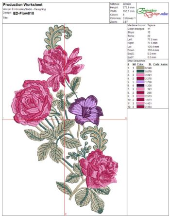 Elegant machine embroidery design of a diagonal floral bouquet featuring layered pink and magenta roses, a purple lily-like flower, swirling brown-green foliage, and textured green leaves on curving stems.