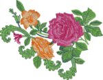 Vibrant machine embroidery design of a horizontal floral arrangement featuring a large magenta rose in the center, flanked by orange and peach roses, a small pink bud, swirling green vines, and detailed green leaves.