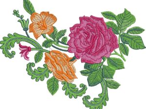 Vibrant machine embroidery design of a horizontal floral arrangement featuring a large magenta rose in the center, flanked by orange and peach roses, a small pink bud, swirling green vines, and detailed green leaves.
