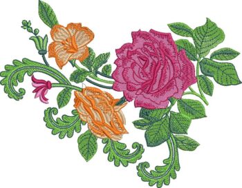 Vibrant machine embroidery design of a horizontal floral arrangement featuring a large magenta rose in the center, flanked by orange and peach roses, a small pink bud, swirling green vines, and detailed green leaves.